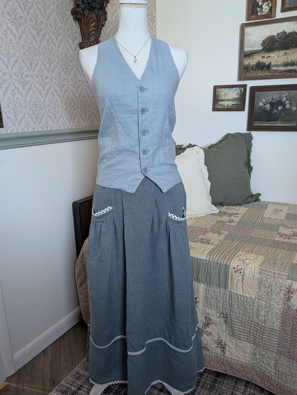 Kirrin Finch Linen Tailored Waistcoat Vest Blue XS Made in Italy